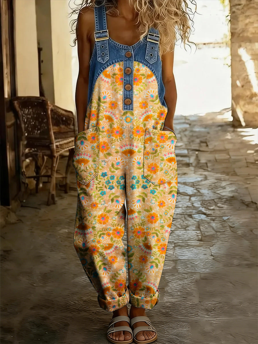 Women's Retro Floral Color-Blocked Art Print Washed Cotton Denim Patchwork Jumpsuit